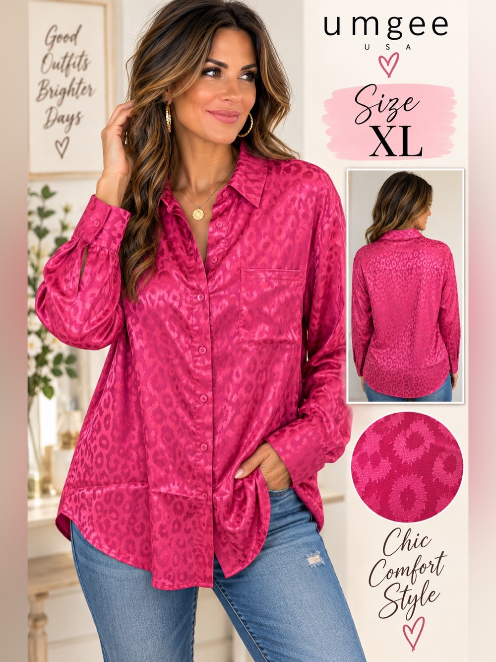 Umgee Fuchsia Leopard Jacquard Satin Button-Down Shirt